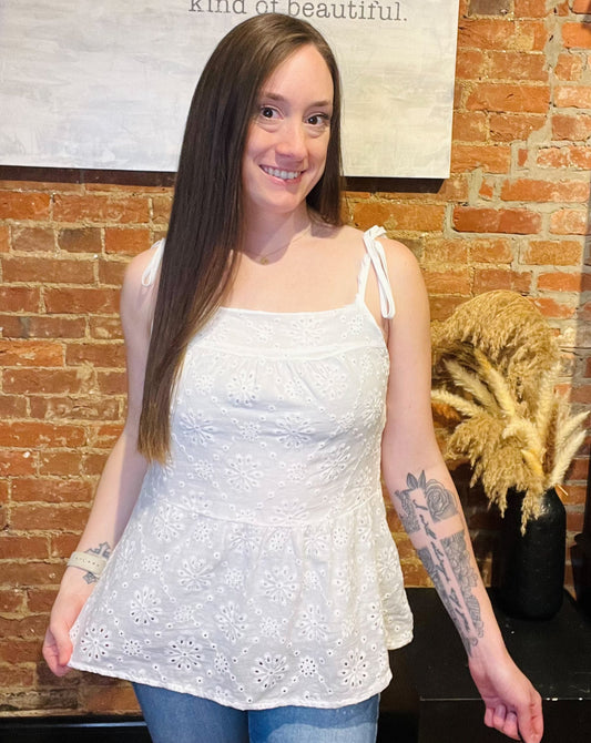 White Eyelet Tank Top with Tie Straps 