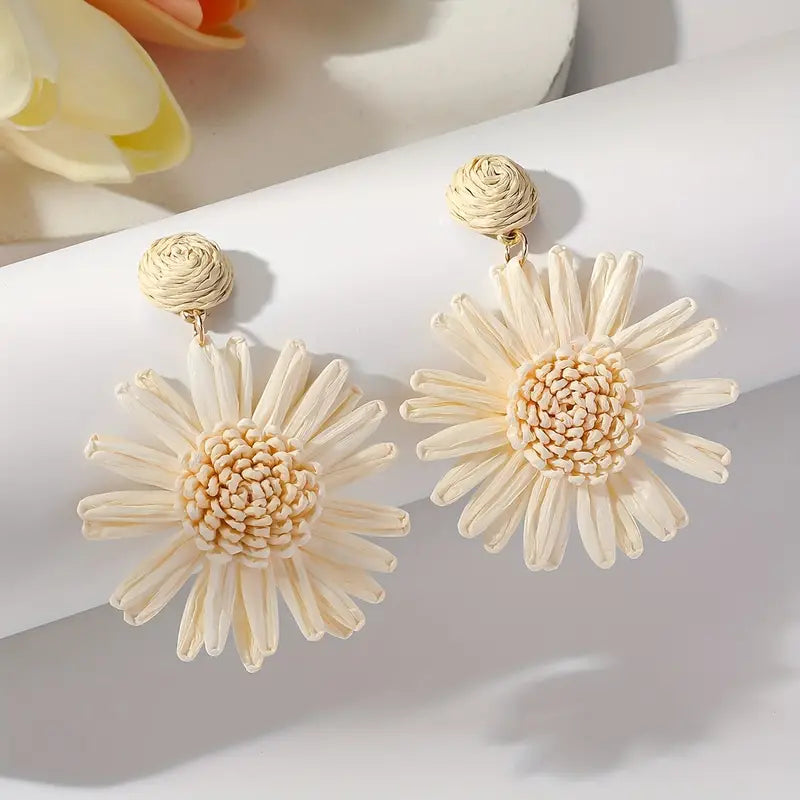 White Raffia Sunflower Dangle Earrings