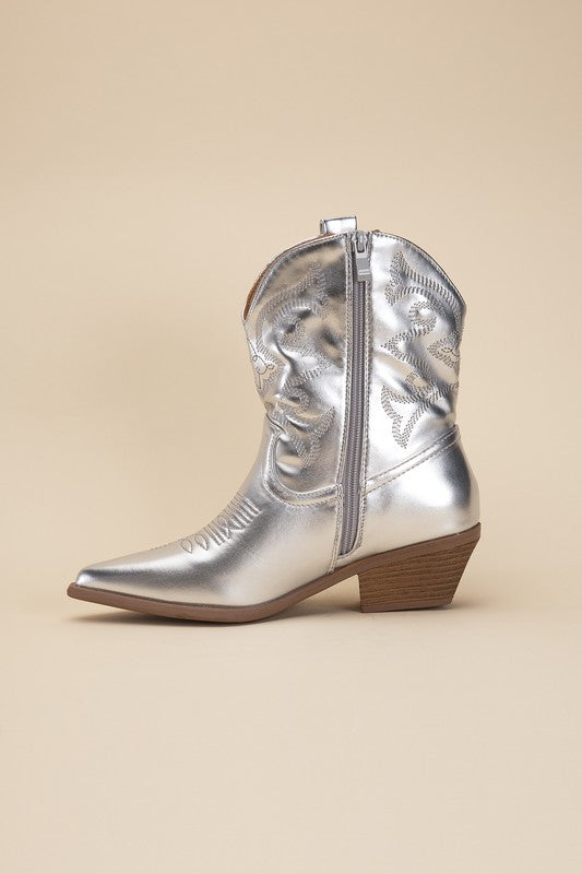 Silver Western Booties Tapered Toe and Block Heel
