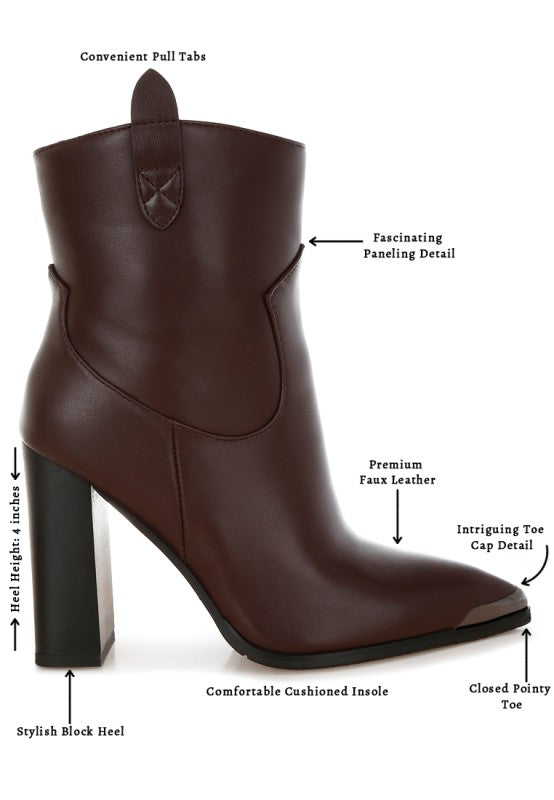 Brown ankle boot with labeled features on a white background