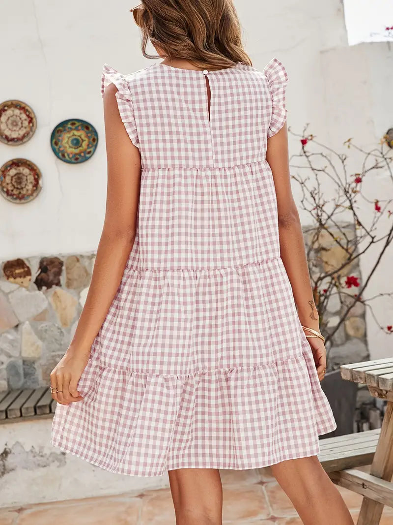 Lavender Gingham Tiered Ruffle Sleeveless Dress