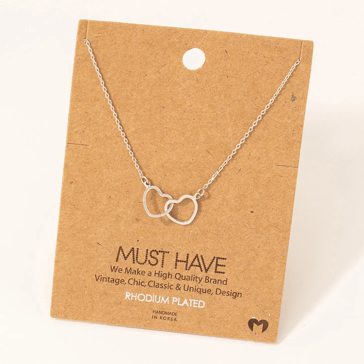 Rhodium Plated Heart Link Charm Necklace 16" in Length