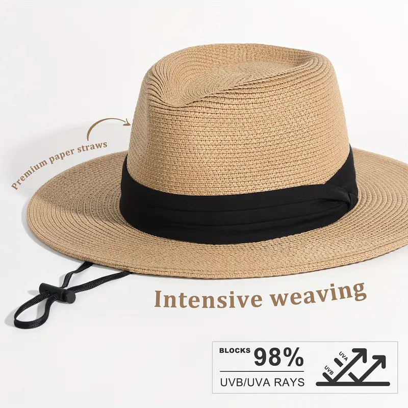 Khaki Black Wide Brim Straw Hat