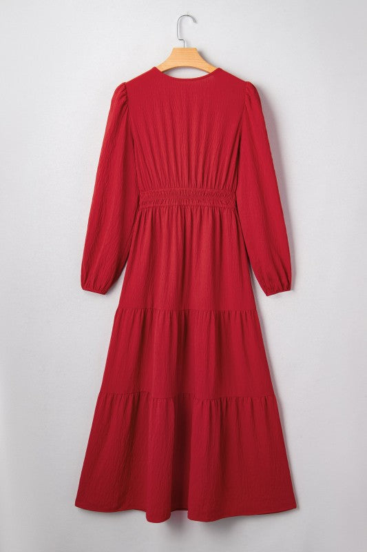 Red Long Sleeve Tiered Maxi Dress