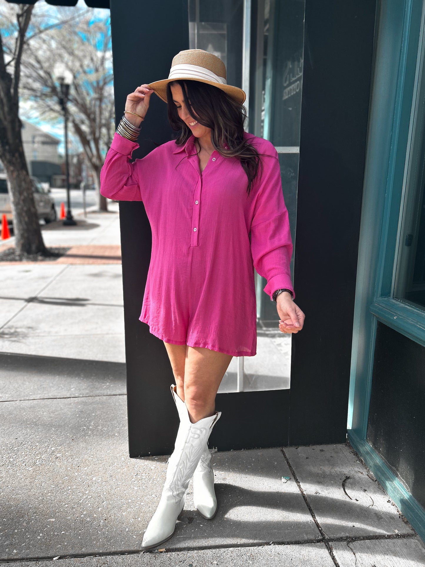 Cotton Blend Fabric Romper Color Magenta Long Sleeves Shorts Above the Knee Folded Collar 