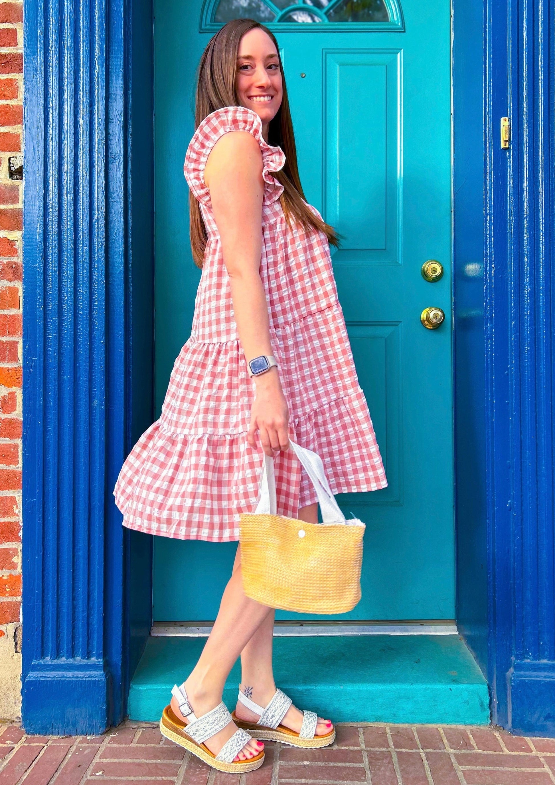Lavender Gingham Tiered Ruffle Sleeveless Dress