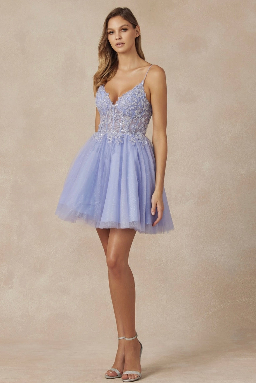 Periwinkle Glitter Tulle A-Line and Beaded Sheer Bodice Short Dress