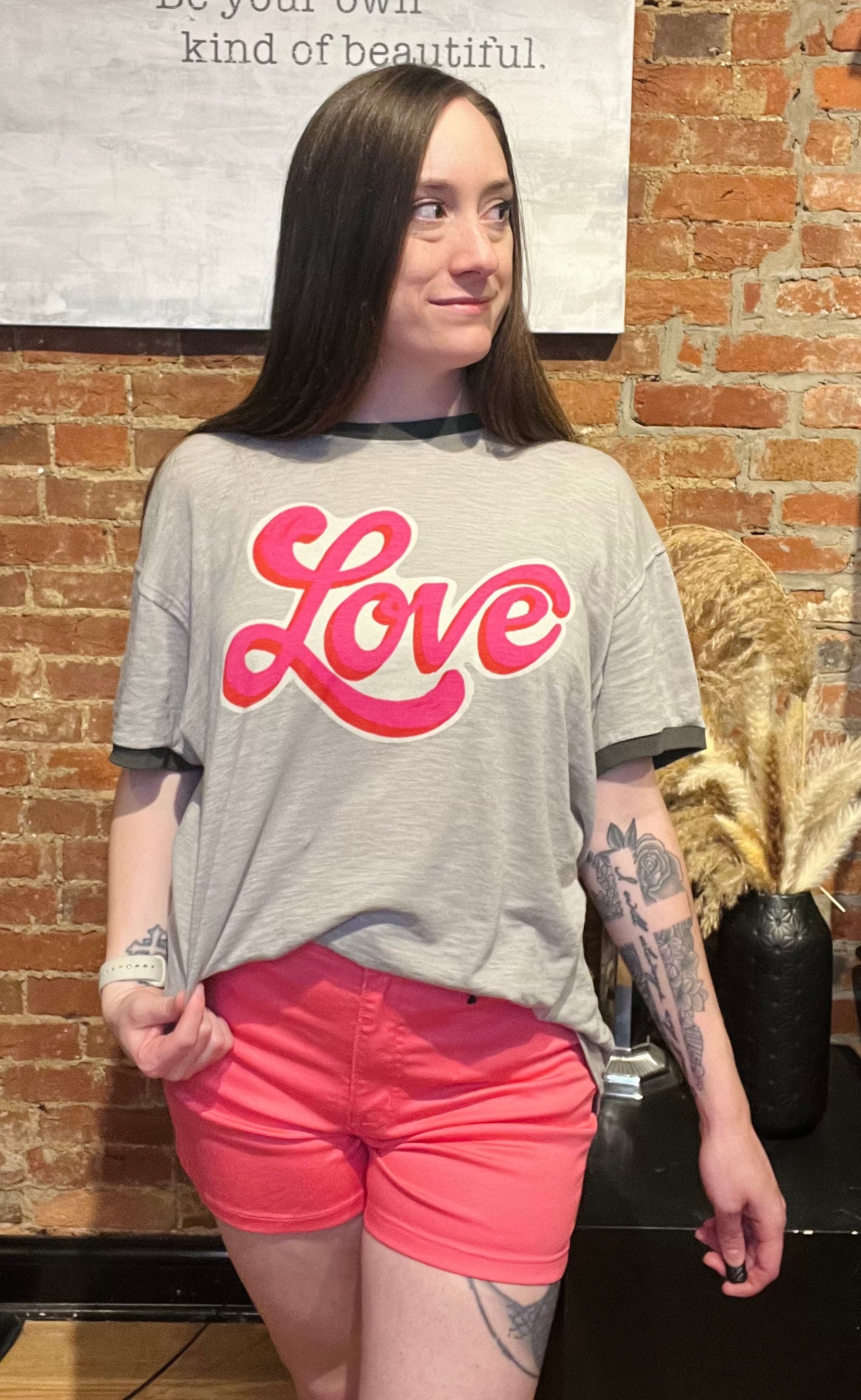 Grey Crew Neck Over Sized Graphic Tee with Pink Love Lettering