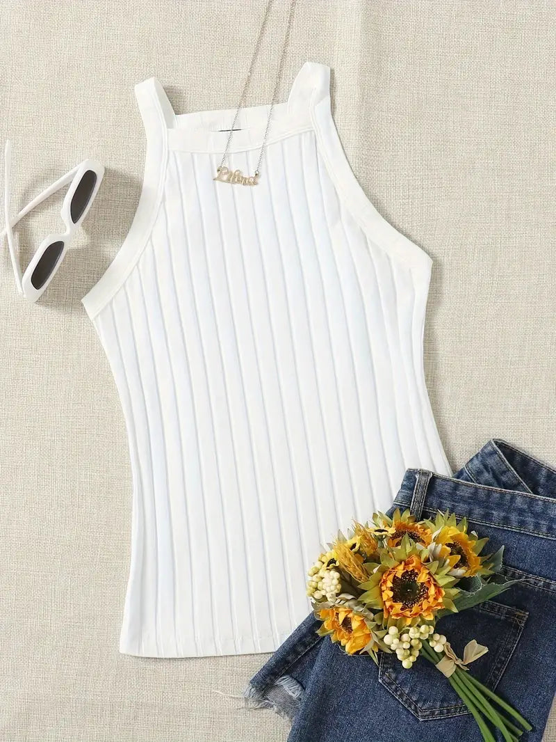 White Racerback Ribbed Tank Top