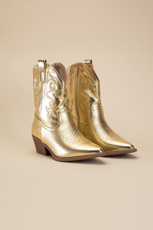 Gold Western Booties Tapered Toe and Block Heel