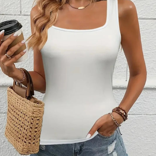 White Polyester Square Neck Tank Top