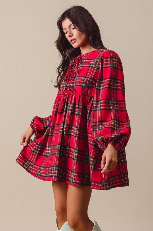Long Sleeve Red Plaid Mini Dress with Tie Closures in the Front