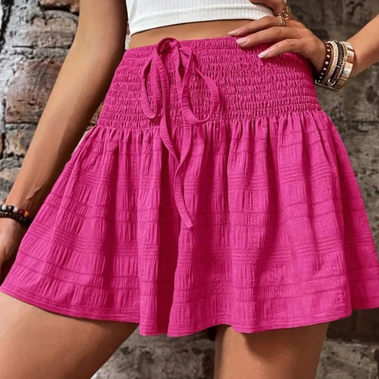 Raspberry Polyester Smocked Shorts with Tie 