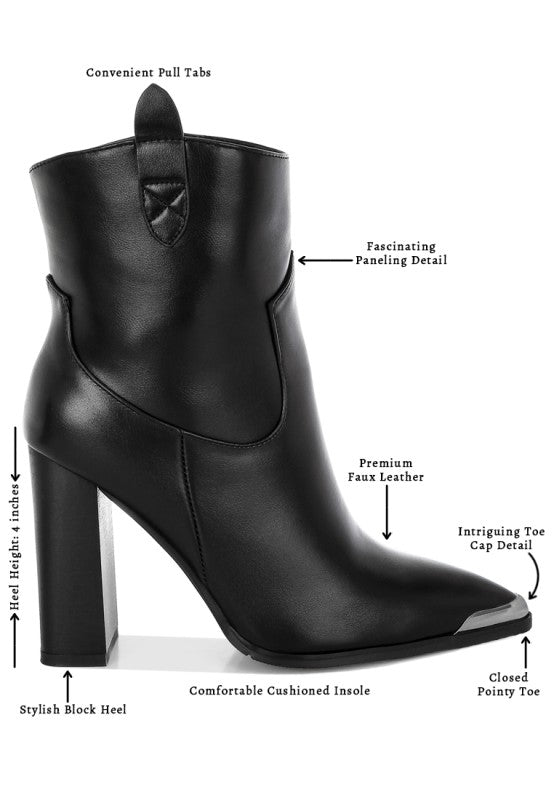 Black ankle boot with labeled features on a white background