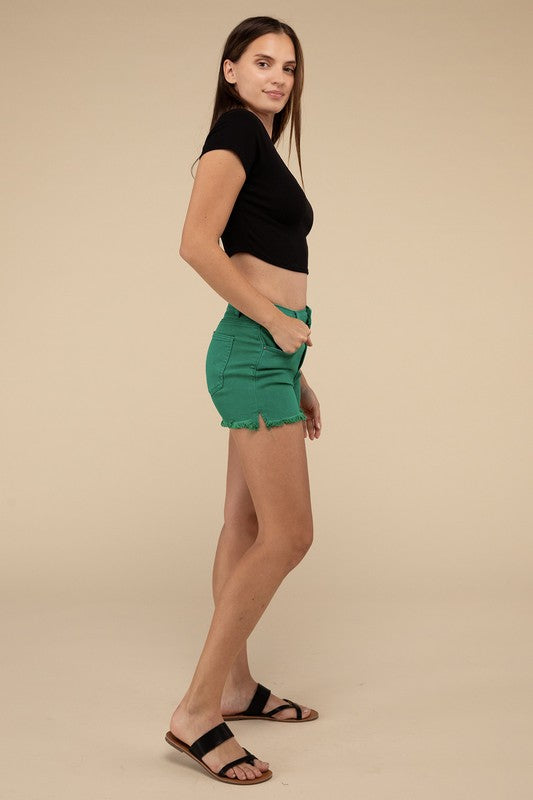Kelly Green Frayed Hem Denim Shorts