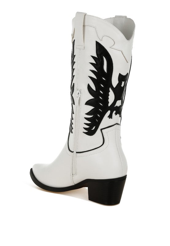 White cowboy boot with black eagle design on a white background