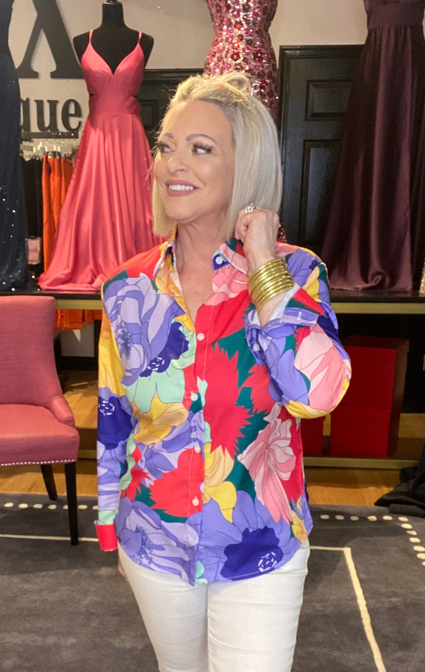 Artistically Chic Bright Floral Print Button-Up Top