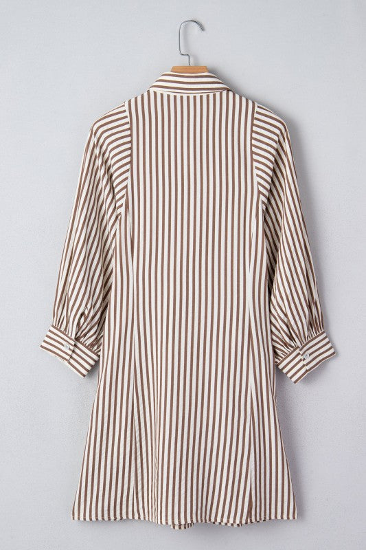 Striped shirt dress on a hanger against a light gray background