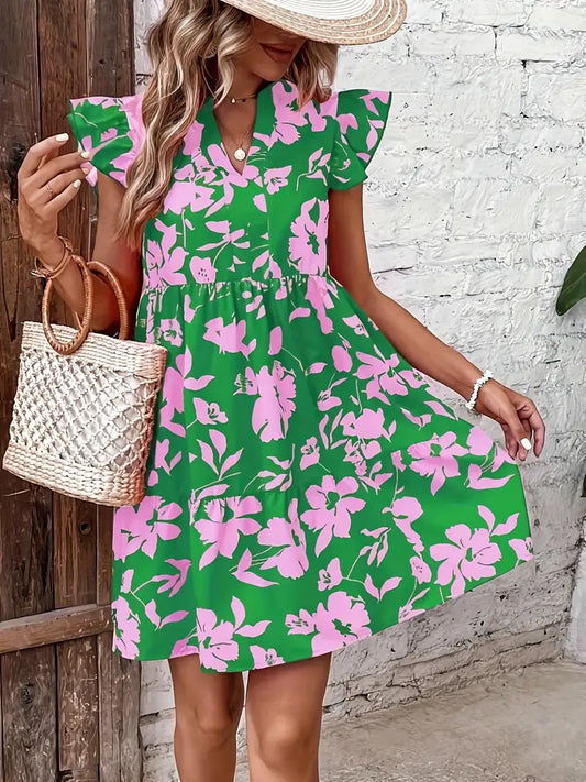 Green and Pink Floral Tiered Mini Dress with Ruffle Sleeves and V-Neckline 