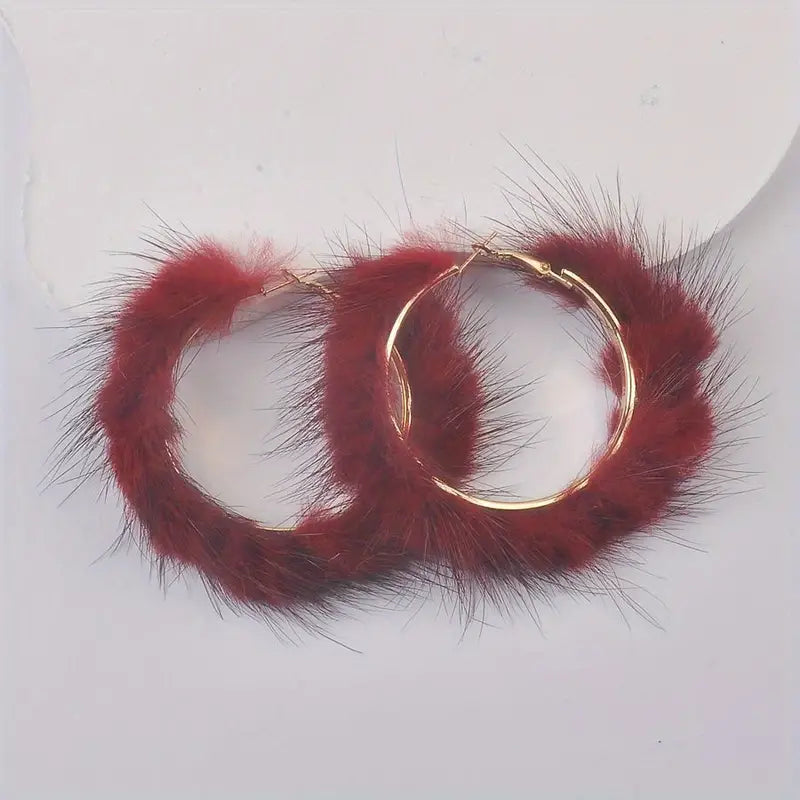 Red Faux Fur Hoop Earrings