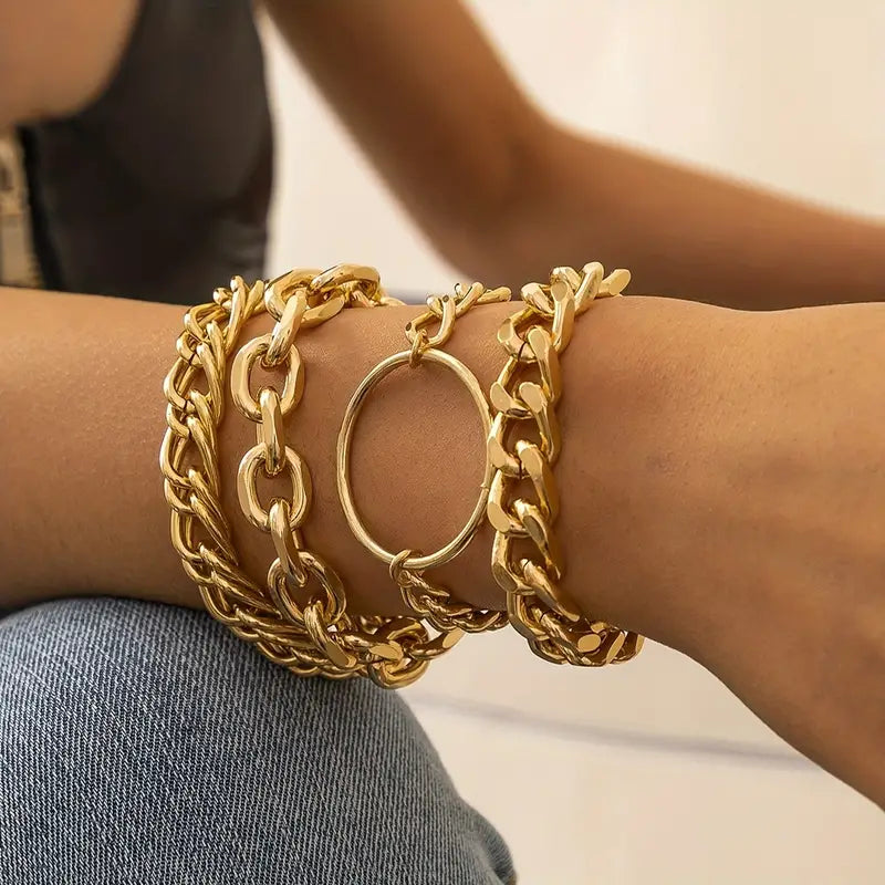Gold Punk Style 18K Gold Plated Chain Geometric Bracelet 4 Total 