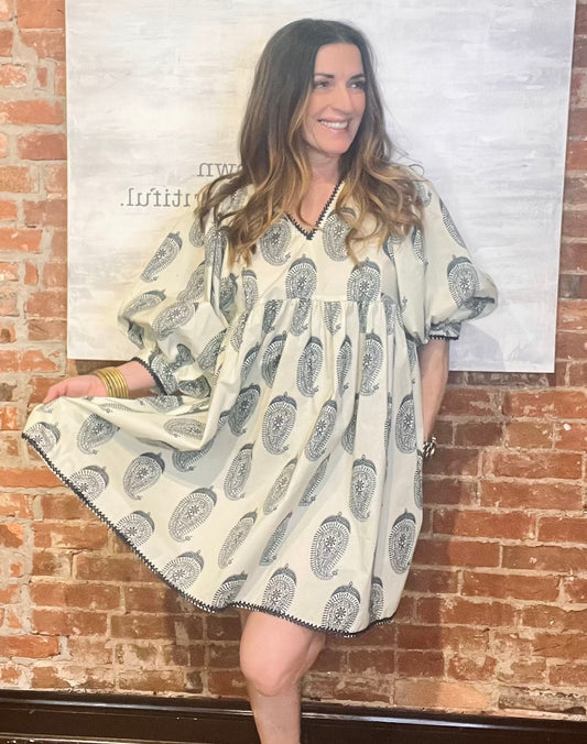 Cream Paisley Print Babydoll Dress
