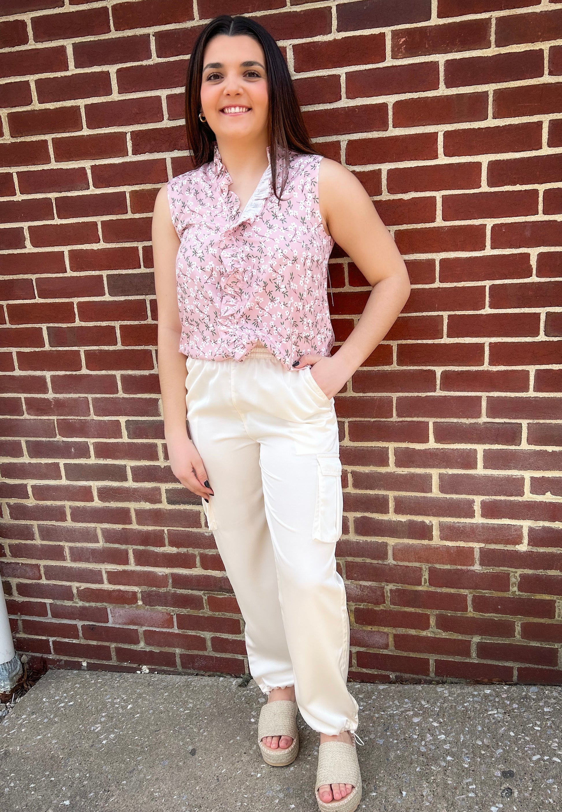 Pink Floral Sleeveless Top with Ruffle Detail
