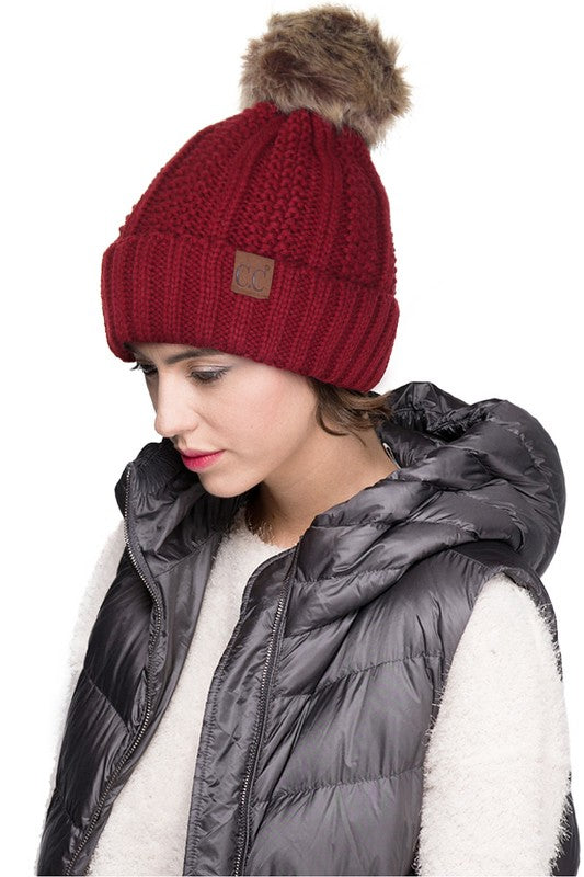 CC Brand Fleece Lined Pom Beanie Hat