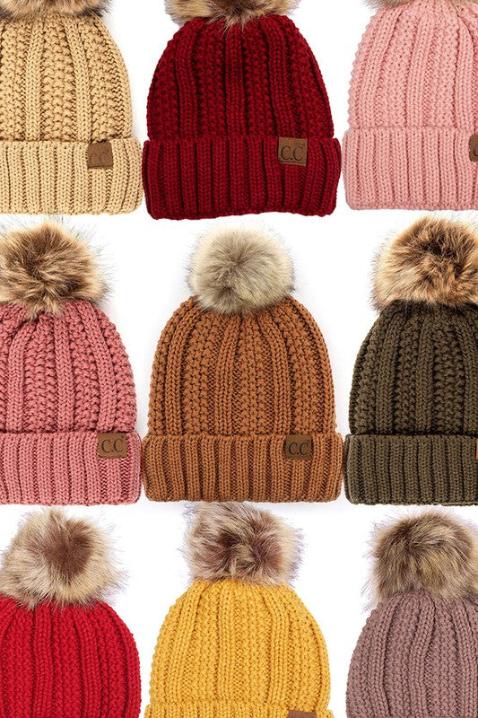 CC Brand Fleece Lined Pom Beanie Hat