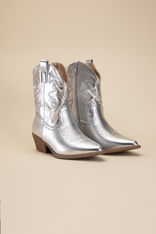 Silver Western Booties Tapered Toe and Block Heel