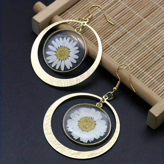 Gold Dangle Earrings with Daisy Mosaic Resin Accent