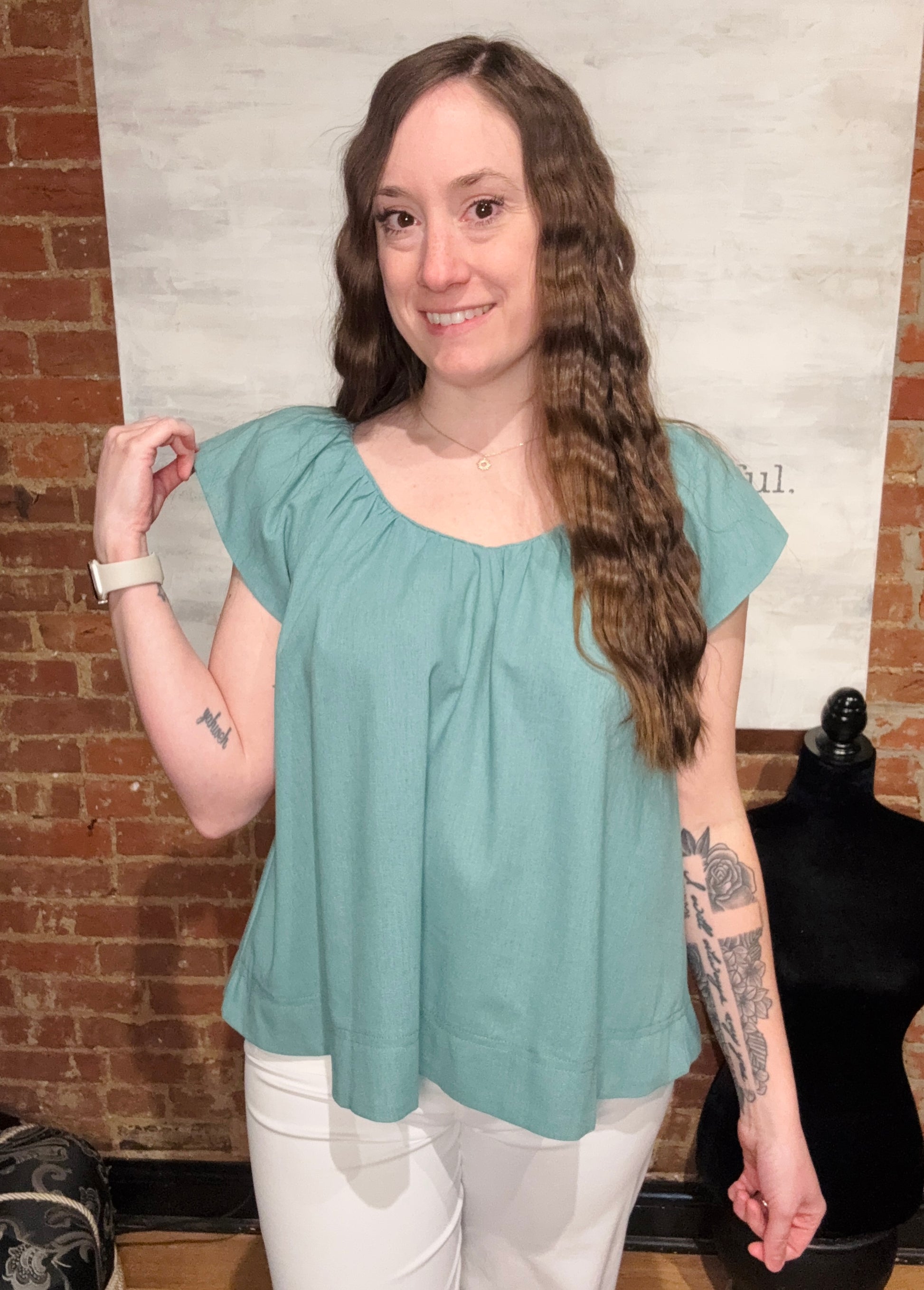 Dusty Mint Linen V-Neck Top with Padded Cap Sleeve