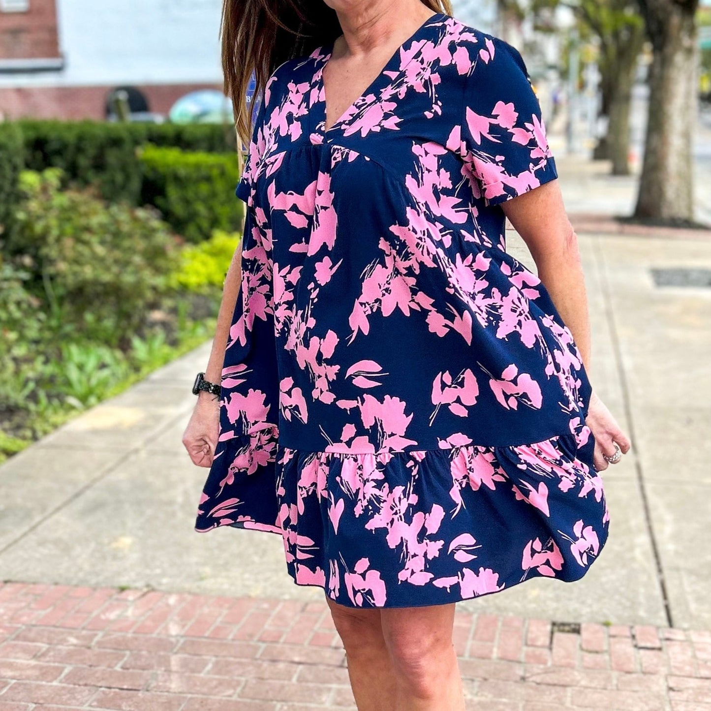 Navy and Pink Floral Short Sleeve Babydoll Mini Dress with V-Neckline 