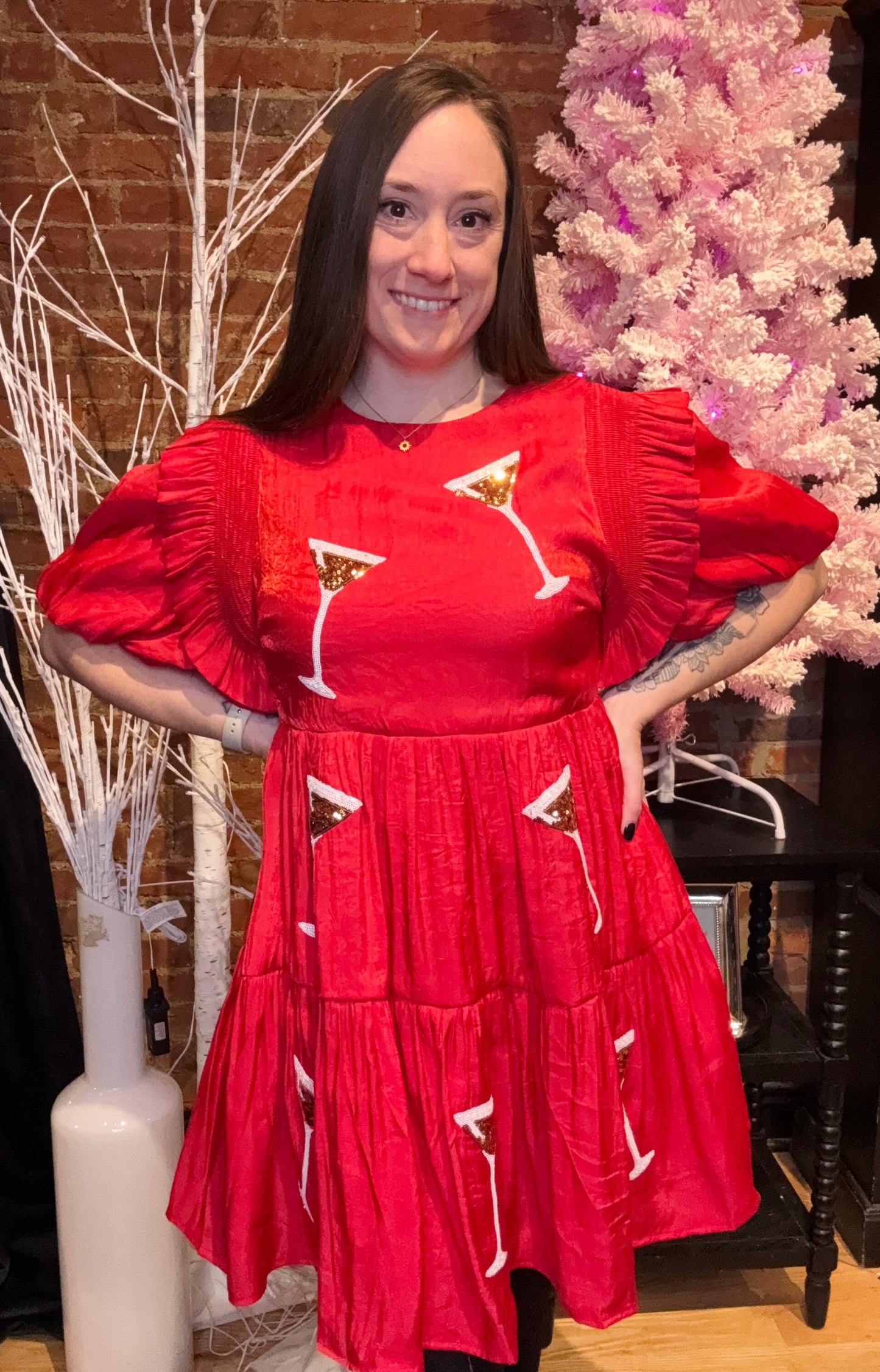 Red Mini Dress with Ruffled Puff Sleeves and Sequin Martini Glasses