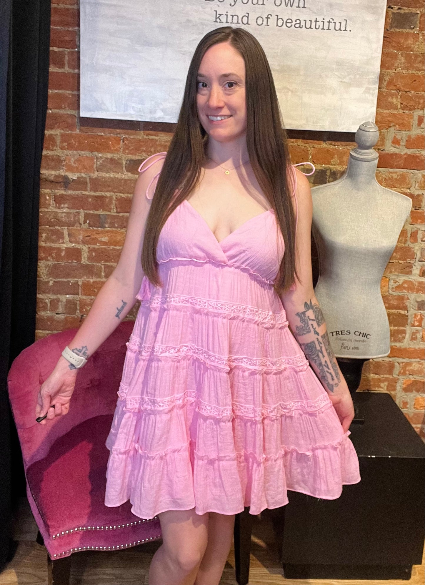 Pink Babydoll Ruffle Mini Dress with Tassel Tie Straps