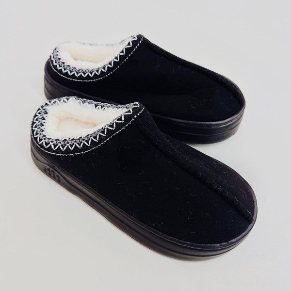 Black slippers with white fur lining and decorative trim on a light gray background