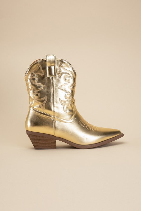 Gold Western Booties Tapered Toe and Block Heel