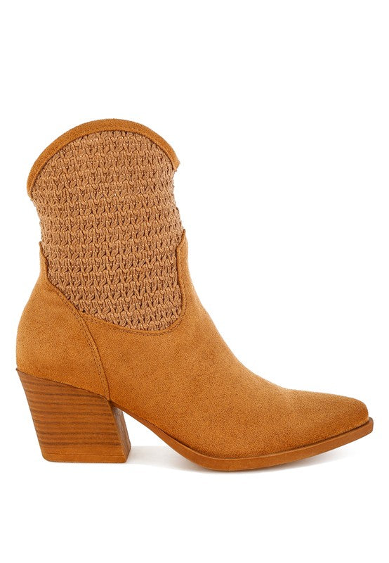 Tan ankle boot with woven pattern on a white background