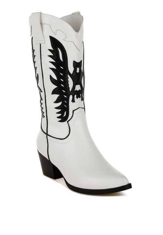 White cowboy boot with black eagle design on a white background