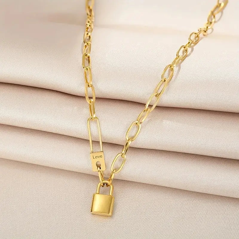 Gold Stainless Steel Letter Love Lock Pendant Necklace Thick Chain