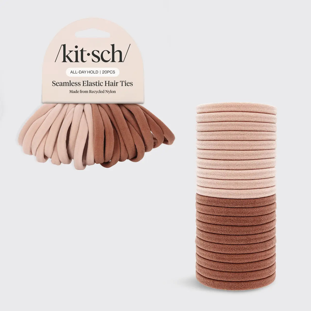 Kit'sch Seamless Elastic Hair Ties in pink and brown packaging on a white background