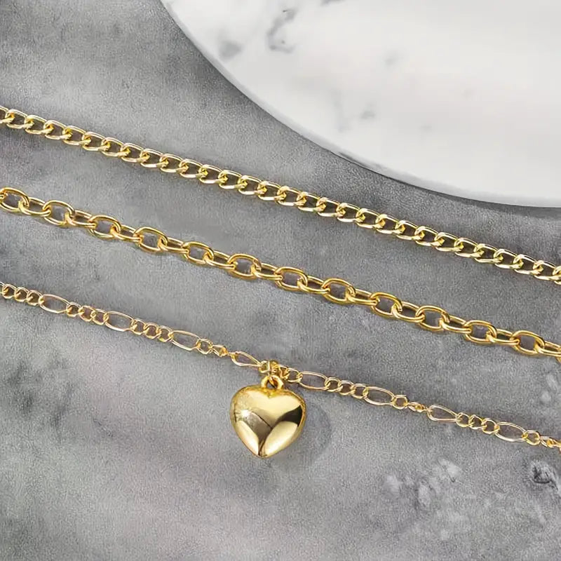 Gold Heart Pendant Clavicle Chain Minimalist Necklace 3 Layer Stacking