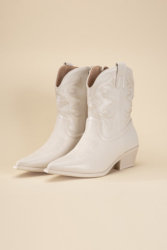 Ivory Western Booties Tapered Toe and Block Heel
