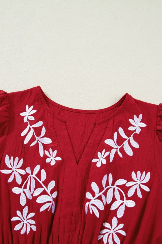 Red Long Sleeve Tiered Maxi Dress with White Floral Embroidery 