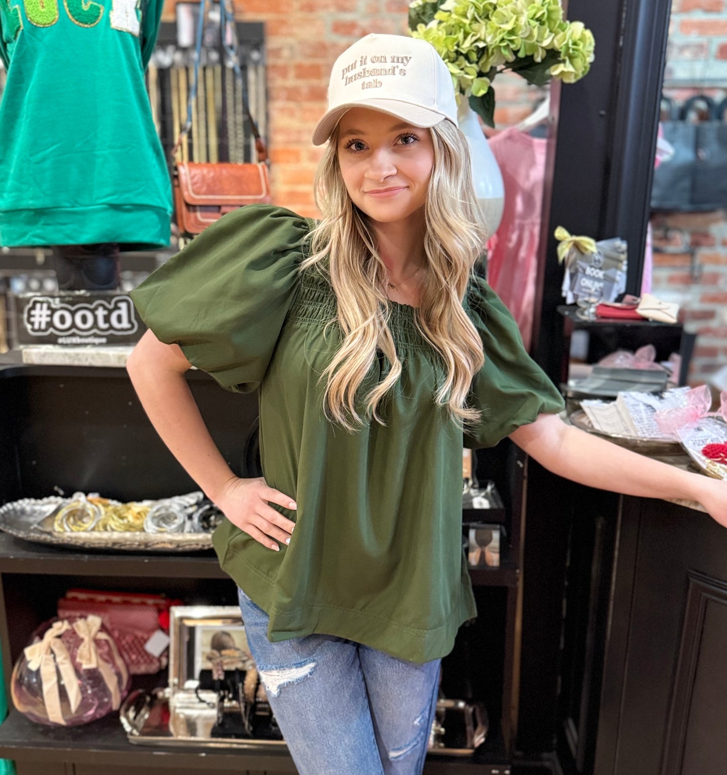 Hunter Green Smocked Puff Sleeve Top 
