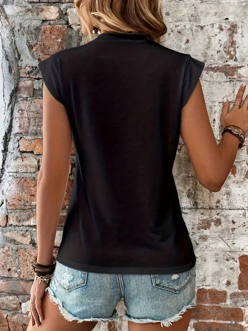 Black Jersey Knit Cap Sleeve Top