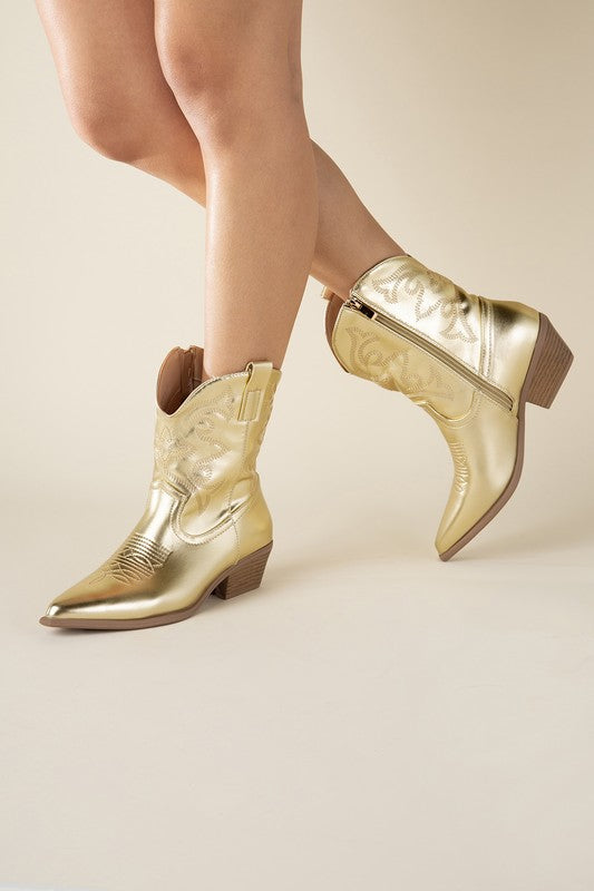 Gold Western Booties Tapered Toe and Block Heel