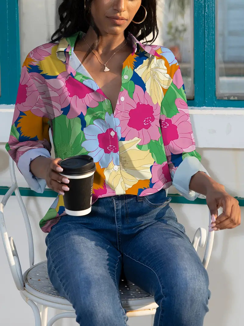 Hot Pink Floral Button-Down Blouse