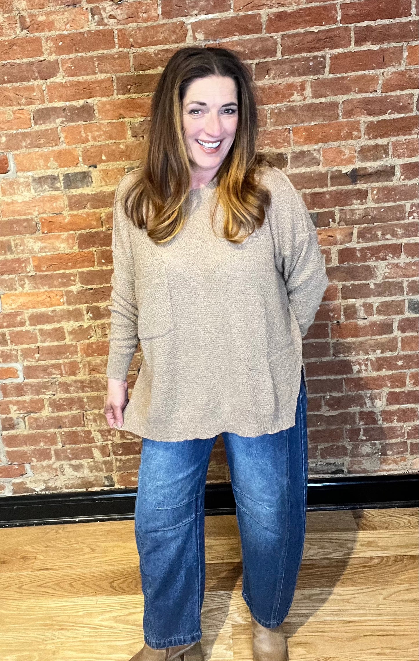 Brown Relaxed Fit Long Sleeve Sweater with Breast Pocket