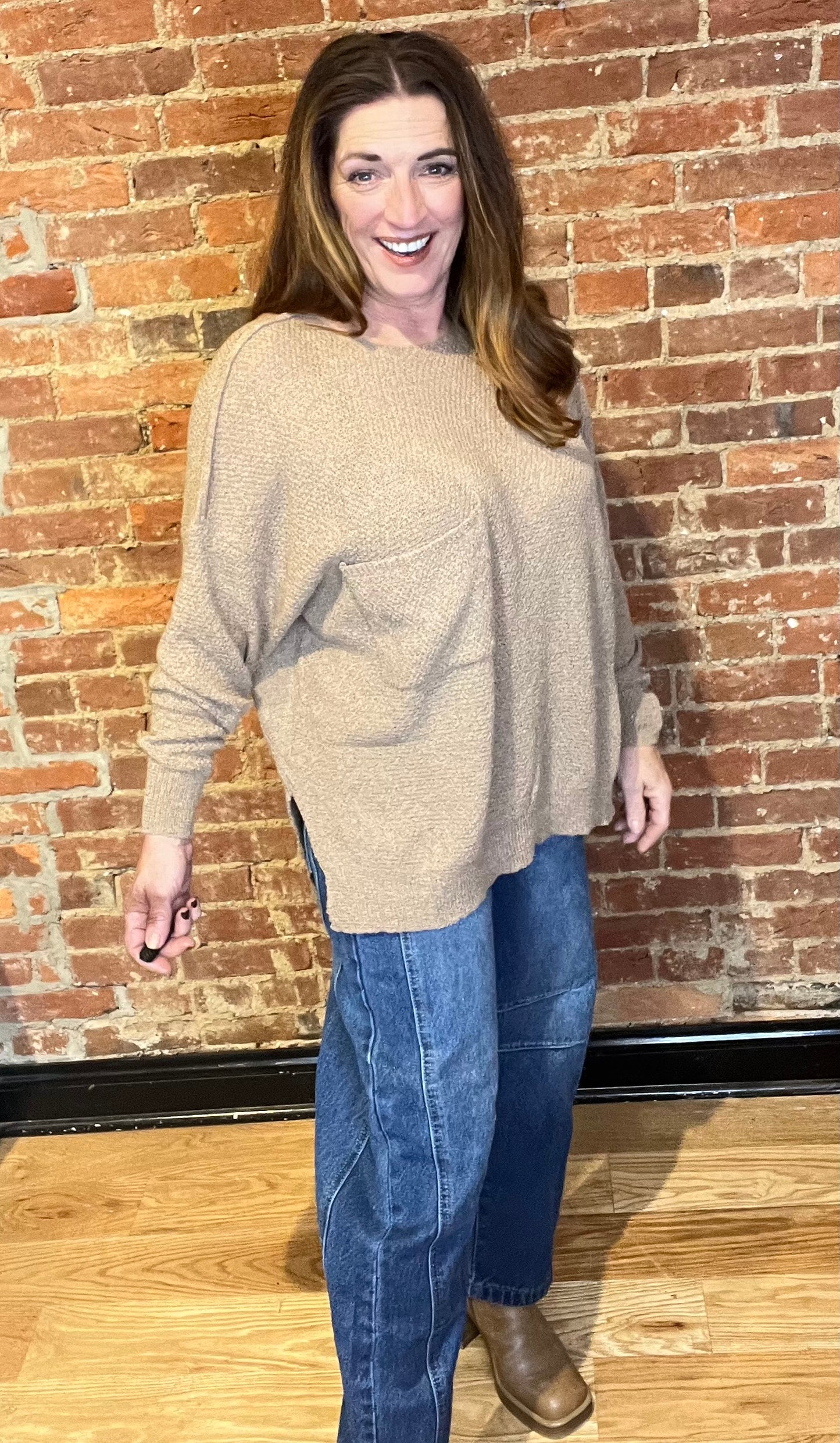 Brown Relaxed Fit Long Sleeve Sweater with Breast Pocket